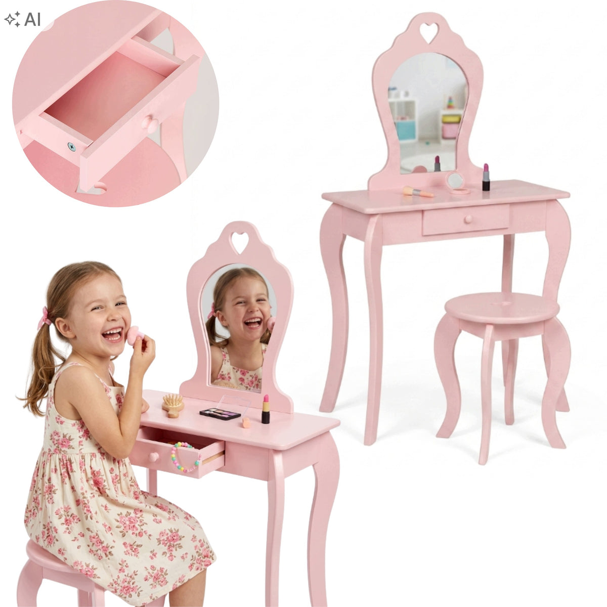 Children's Dressing Table With Mirror Stool Wooden Table For Girl Rose