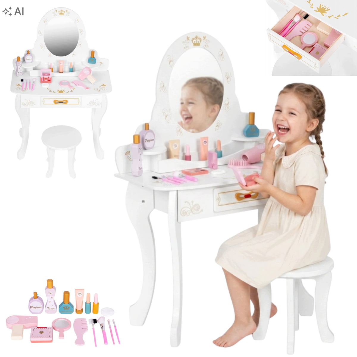 Children's Dressing Table With Mirror Wooden For Girls With Accessories White