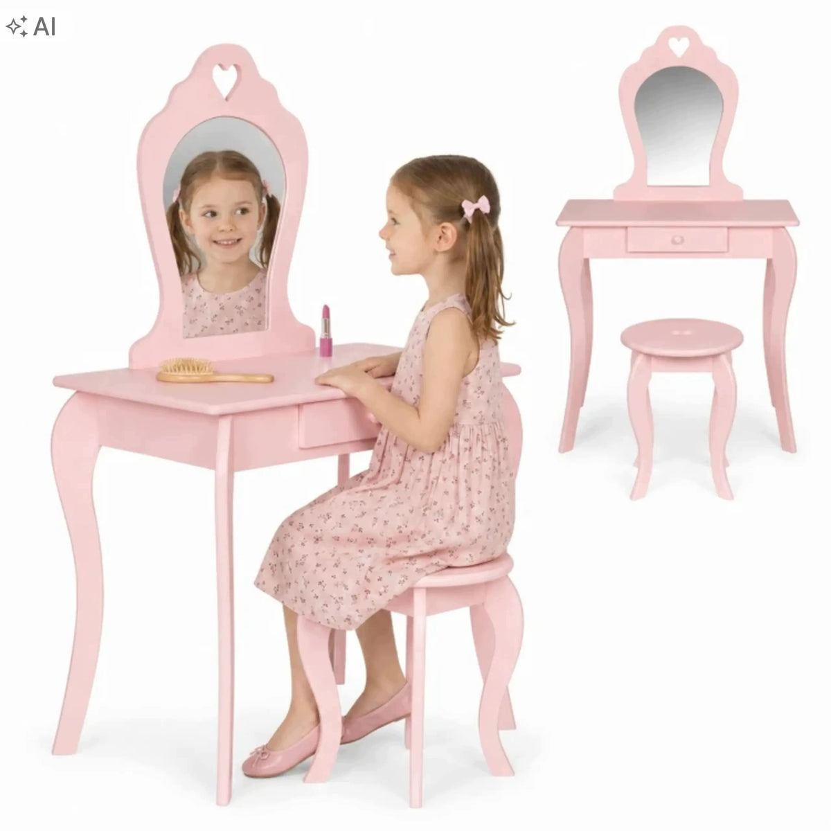 Children's Dressing Table With Mirror Wooden Stool Drawer Pink