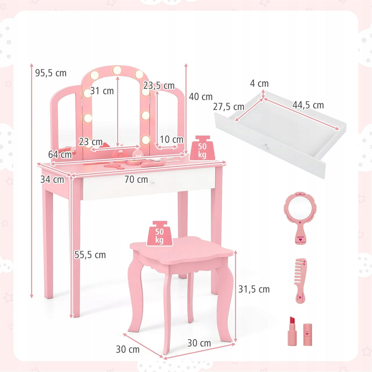Children's Dressing Table with Lighting and Stool Makeup Dressing Table Brand Costway