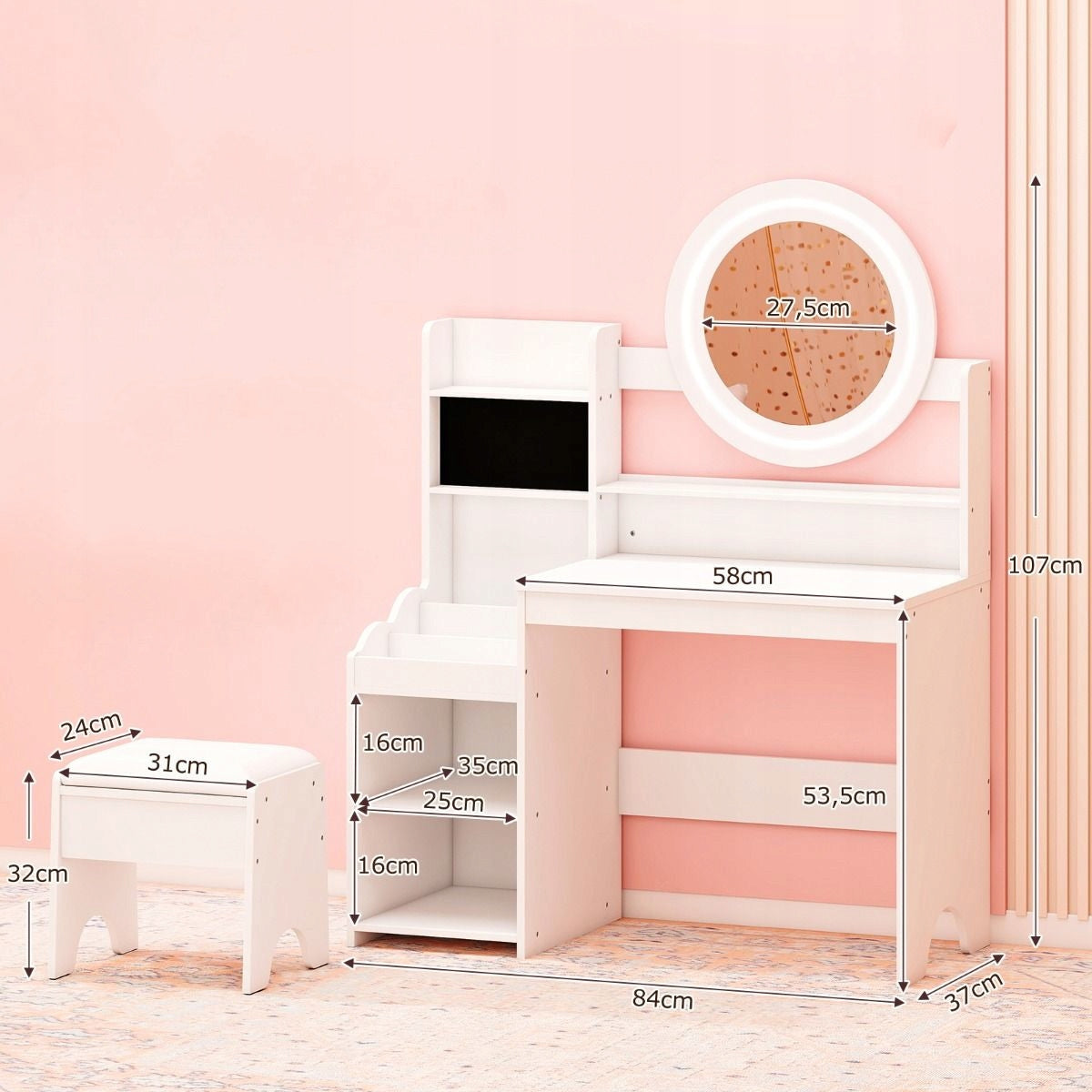 Children's Dressing Table with Mirror LED Dressing Table White Brand Costway