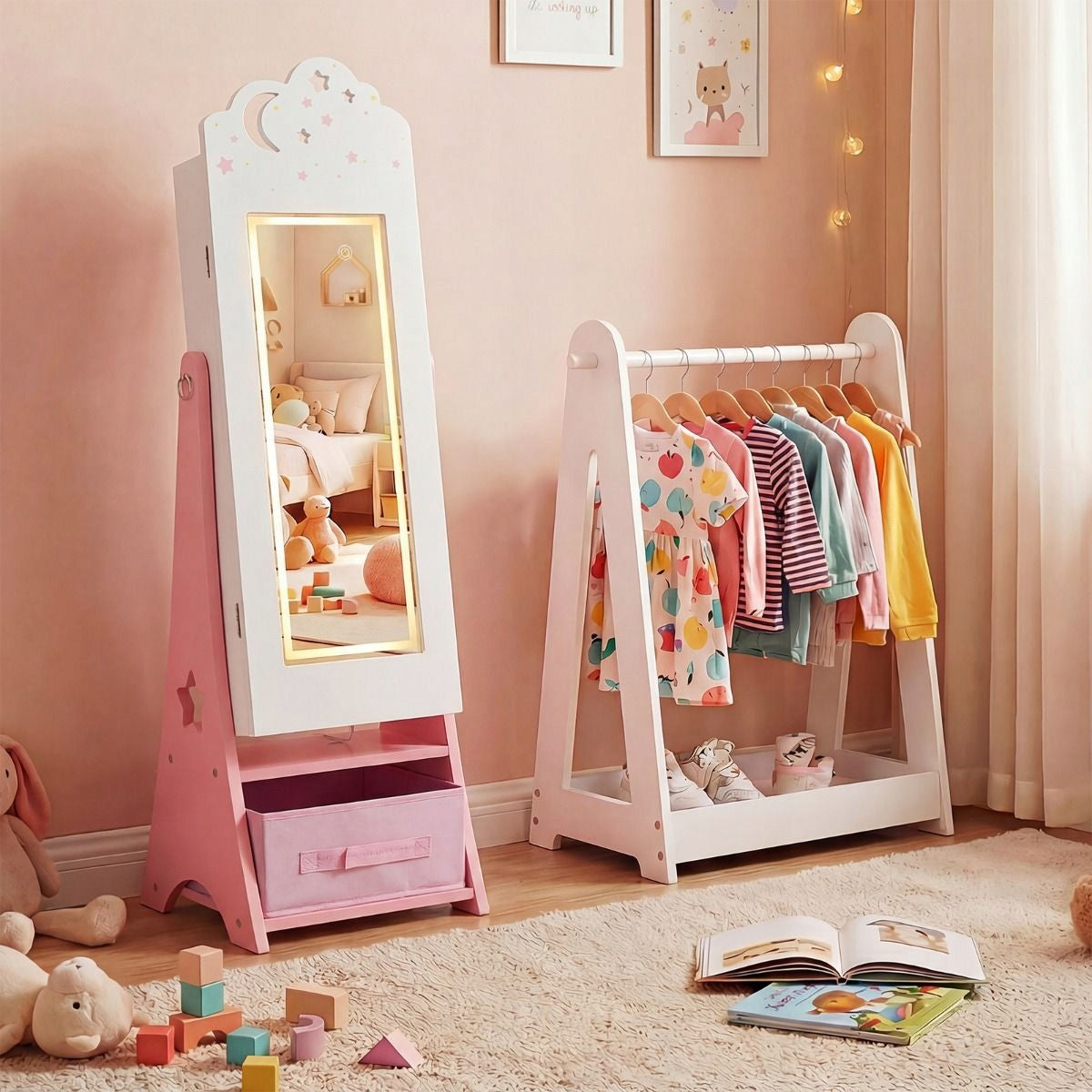 Children's Jewelry Cabinet with Lighting and Mirror Small Dressing Table Kid's age 3＋ years