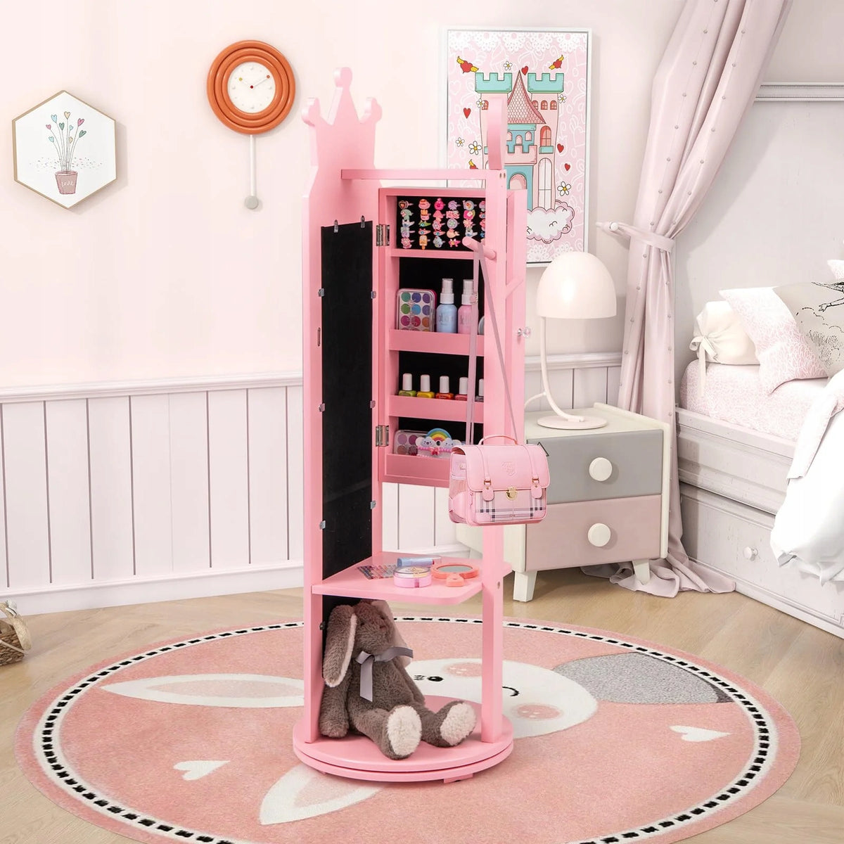 Children's Jewelry Cabinet with Mirror Rotating PINK for Princess