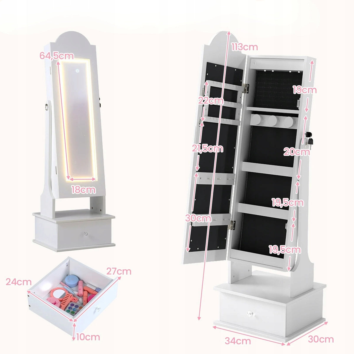 Children's Jewelry Cabinet with Mirror and Lighting Dressing Table Brand Costway