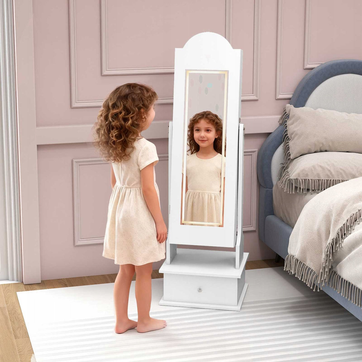 Children's Jewelry Cabinet with Mirror and Lighting Dressing Table Kid's age 3＋ years