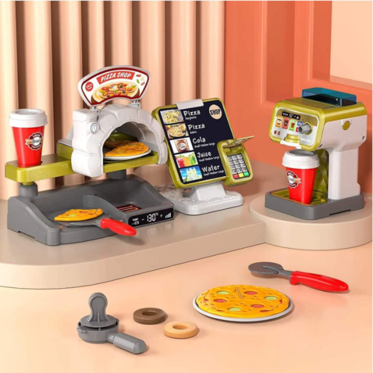 Children's Pizza Set PIZZERIA CASH REGISTER SHOP STOVE WATER MAKER Brand Doris