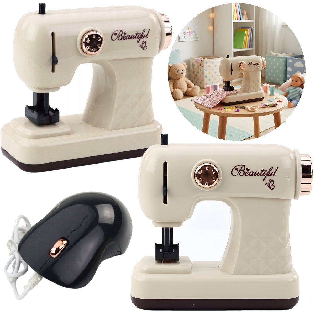 Children's Sewing Machine Toy Mouse Light Effects 14 cm White