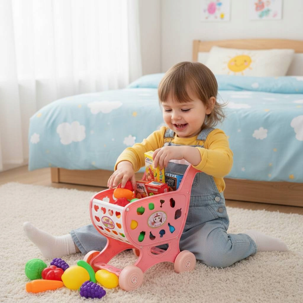 Children's Shop Cart Market Basket for Shopping With Products Packaging status original