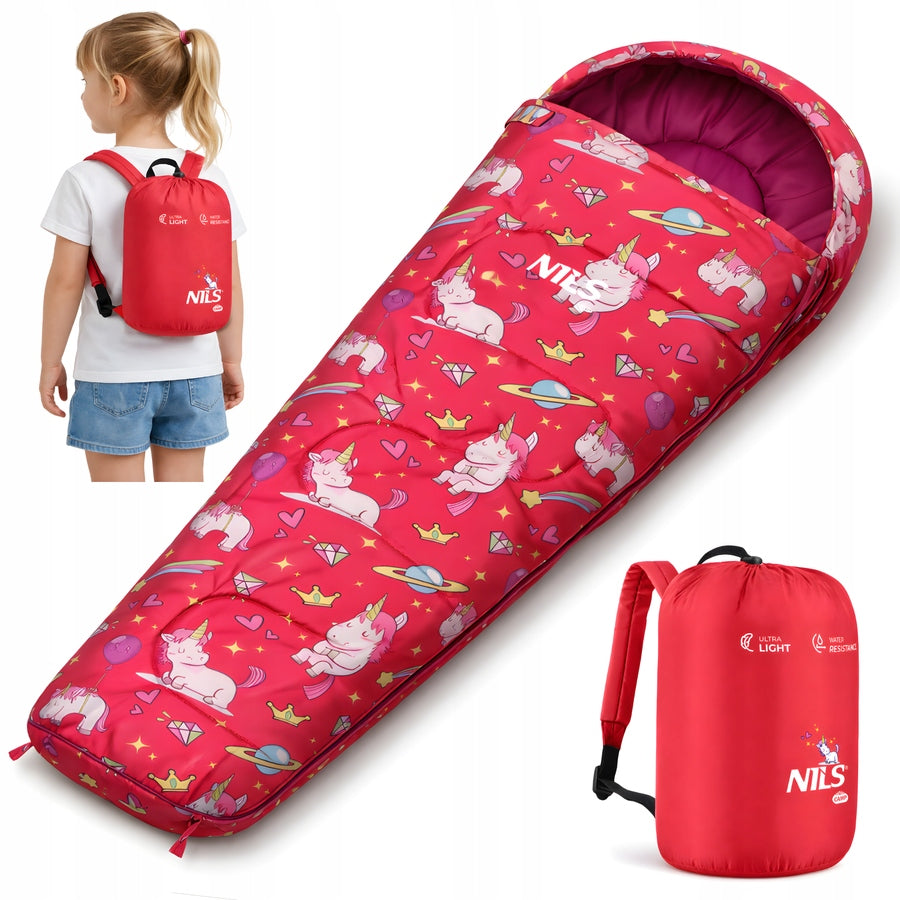 Children's Sleeping Bag Hiking Camping Mummy With Backpack 170x60cm Unicorns Packaging status original