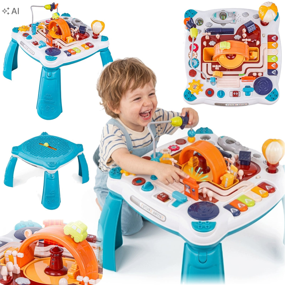 Children's Table 2in1 Educational Interactive Vehicles Piano Blue 3+