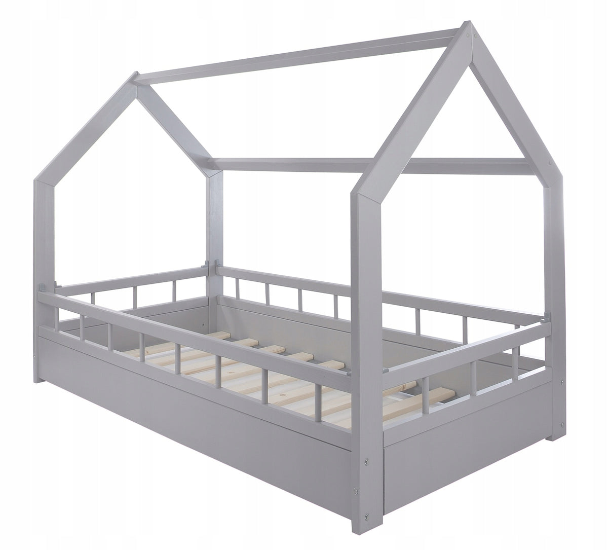 Children's bed wooden cottage with barriers 160x80 cm grey