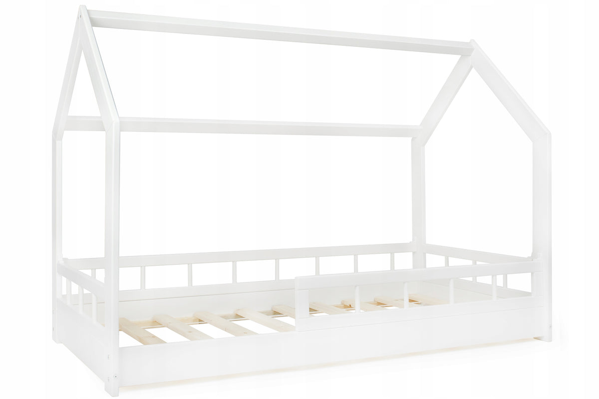 Children's bed wooden cottage with barriers and entrance 160x80 cm white