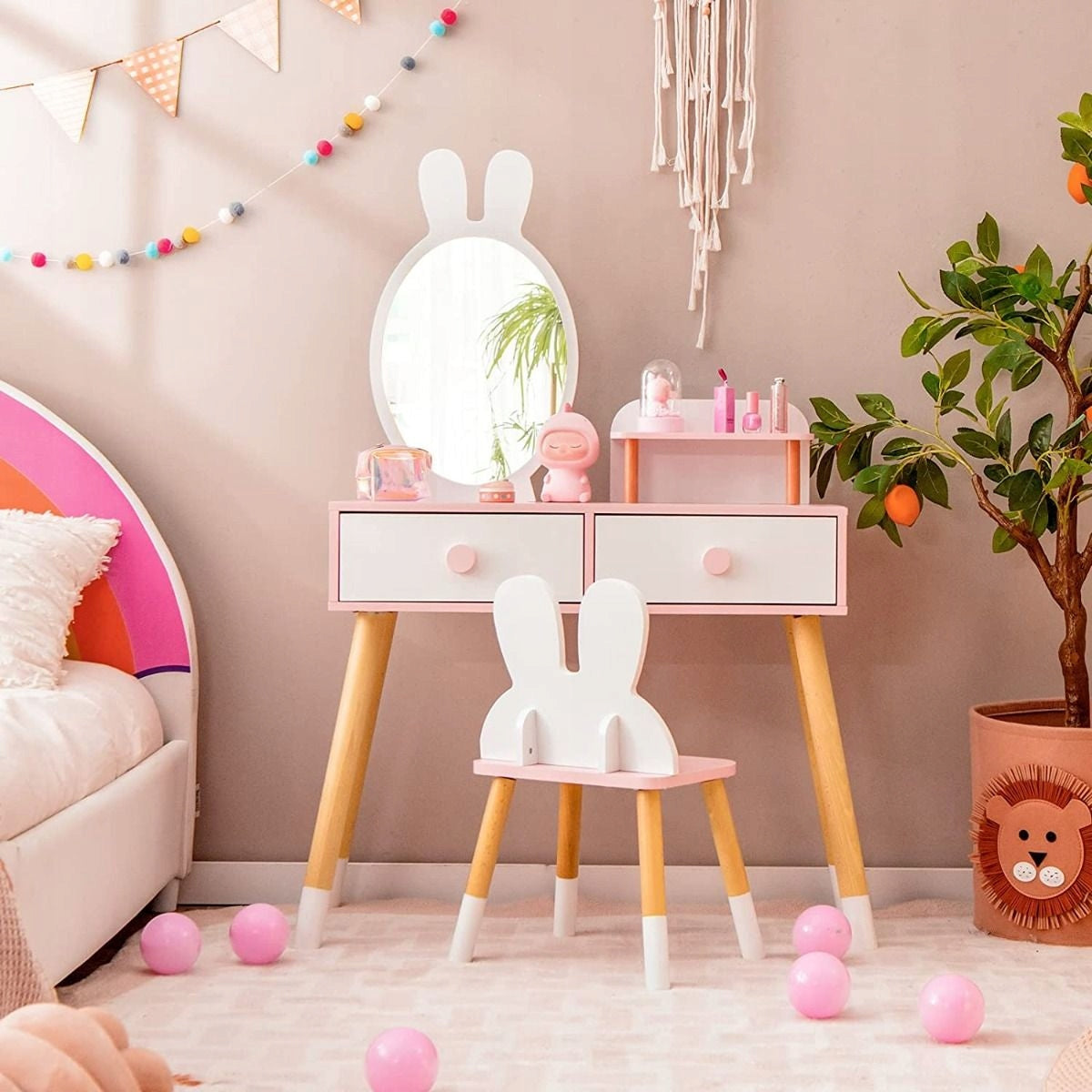 Children's dressing table 2in1 with mirror + Highchair Kid's age 3＋ years