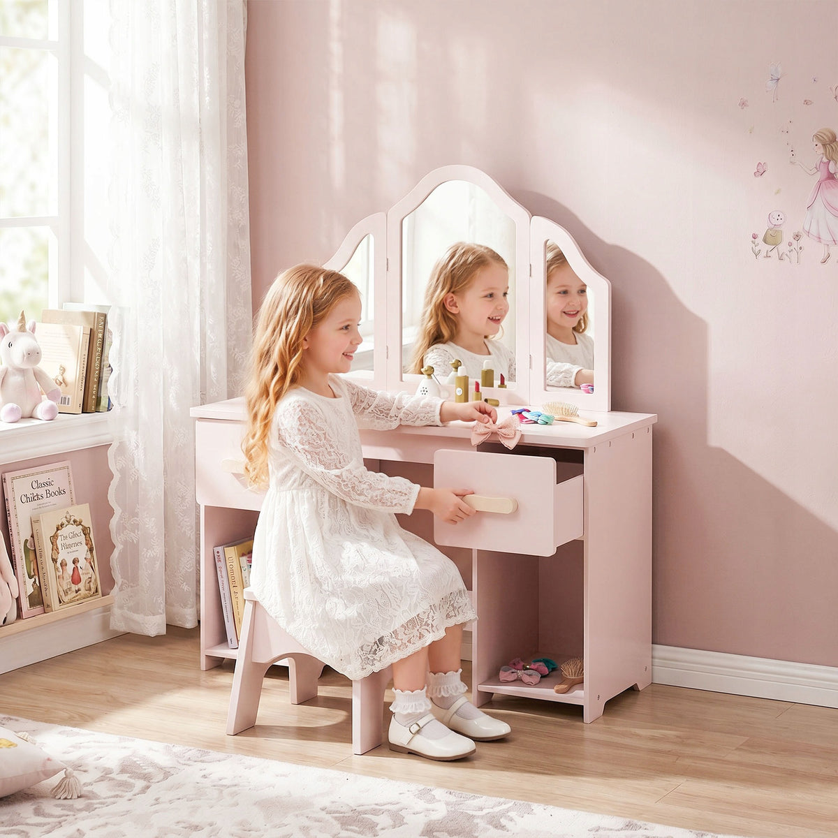 Children's dressing table AIYAPLAY 2 in 1 with stool, 2 drawers, 2 cabinets, mirror Brand AIYAPLAY