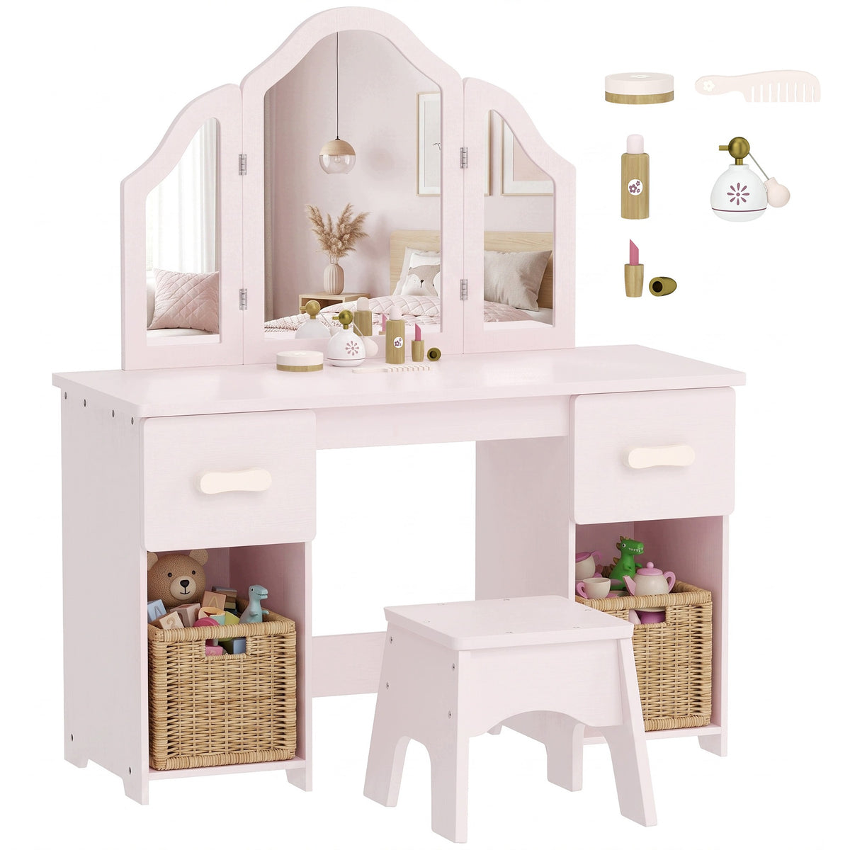Children's dressing table AIYAPLAY 2 in 1 with stool, 2 drawers, 2 cabinets, mirror