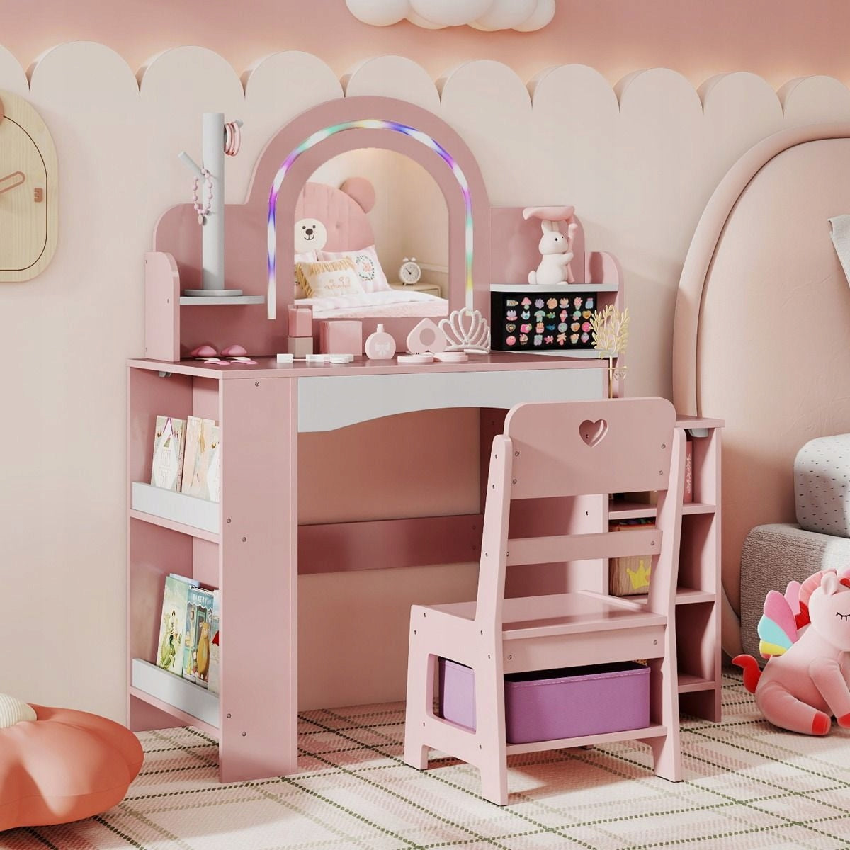 Children's dressing table Costway mirror lighting stool chair PINK Manufacturer code HY10489PI