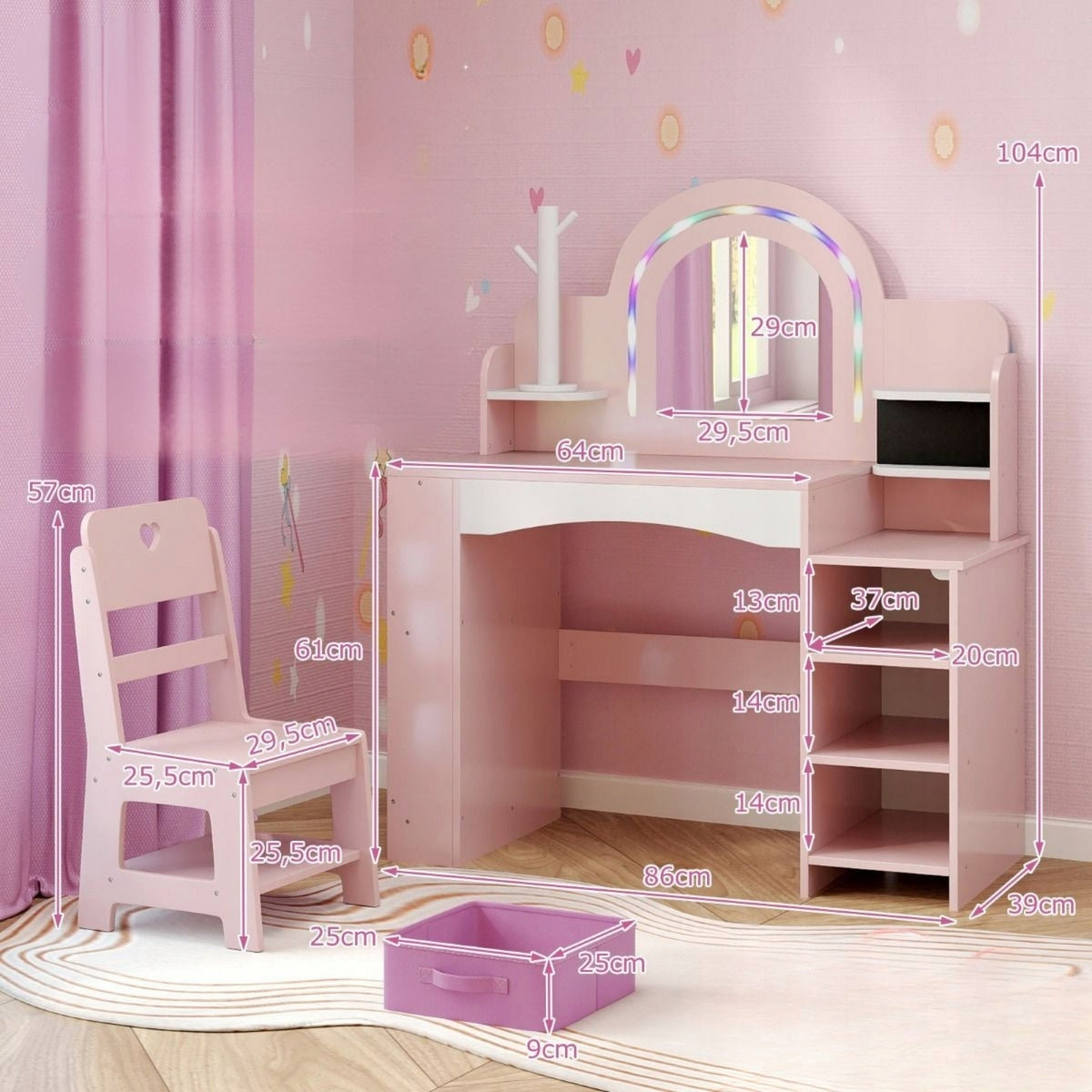 Children's dressing table Costway mirror lighting stool chair PINK Packaging status original