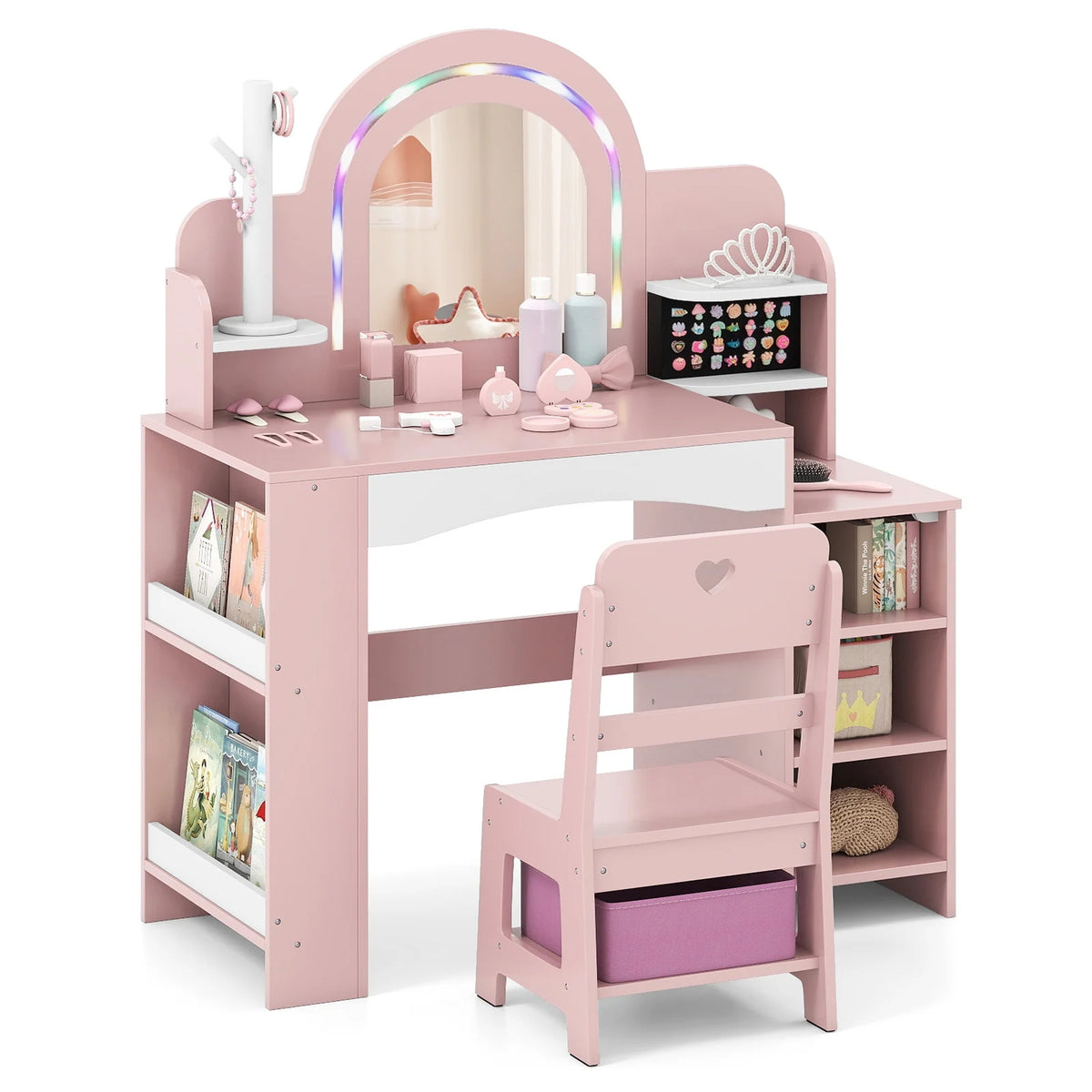 Children's dressing table Costway mirror lighting stool chair PINK