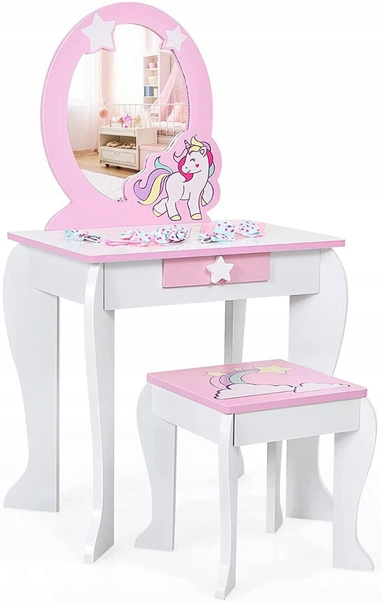 Children's dressing table for girls white and pink with mirror drawer stool