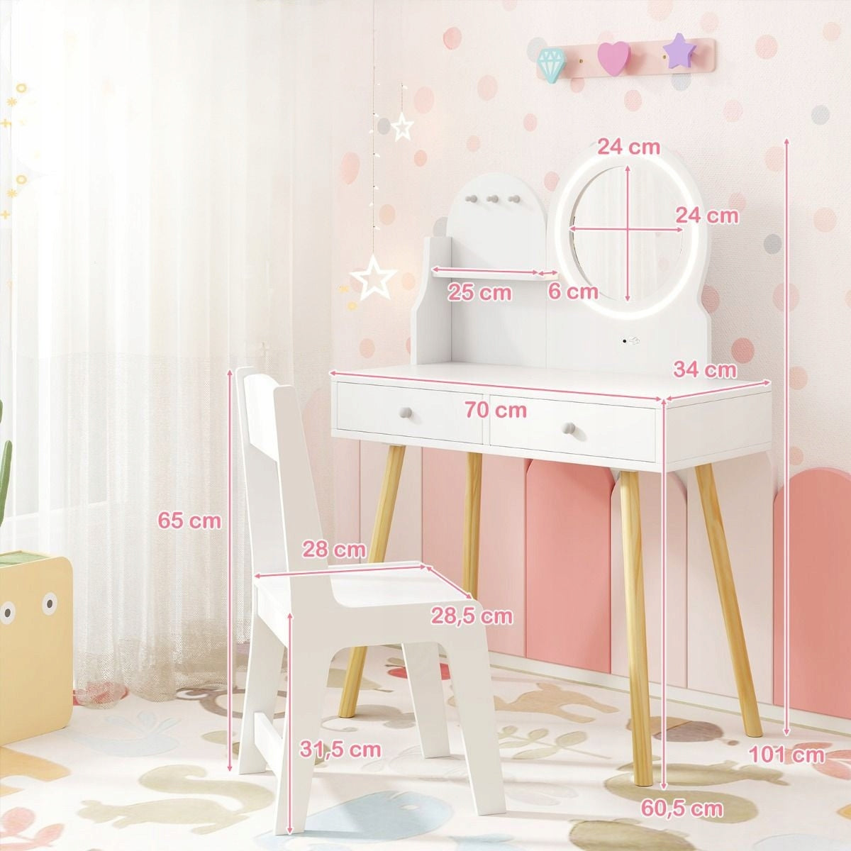 Children's dressing table with lighting and chair white Brand Costway