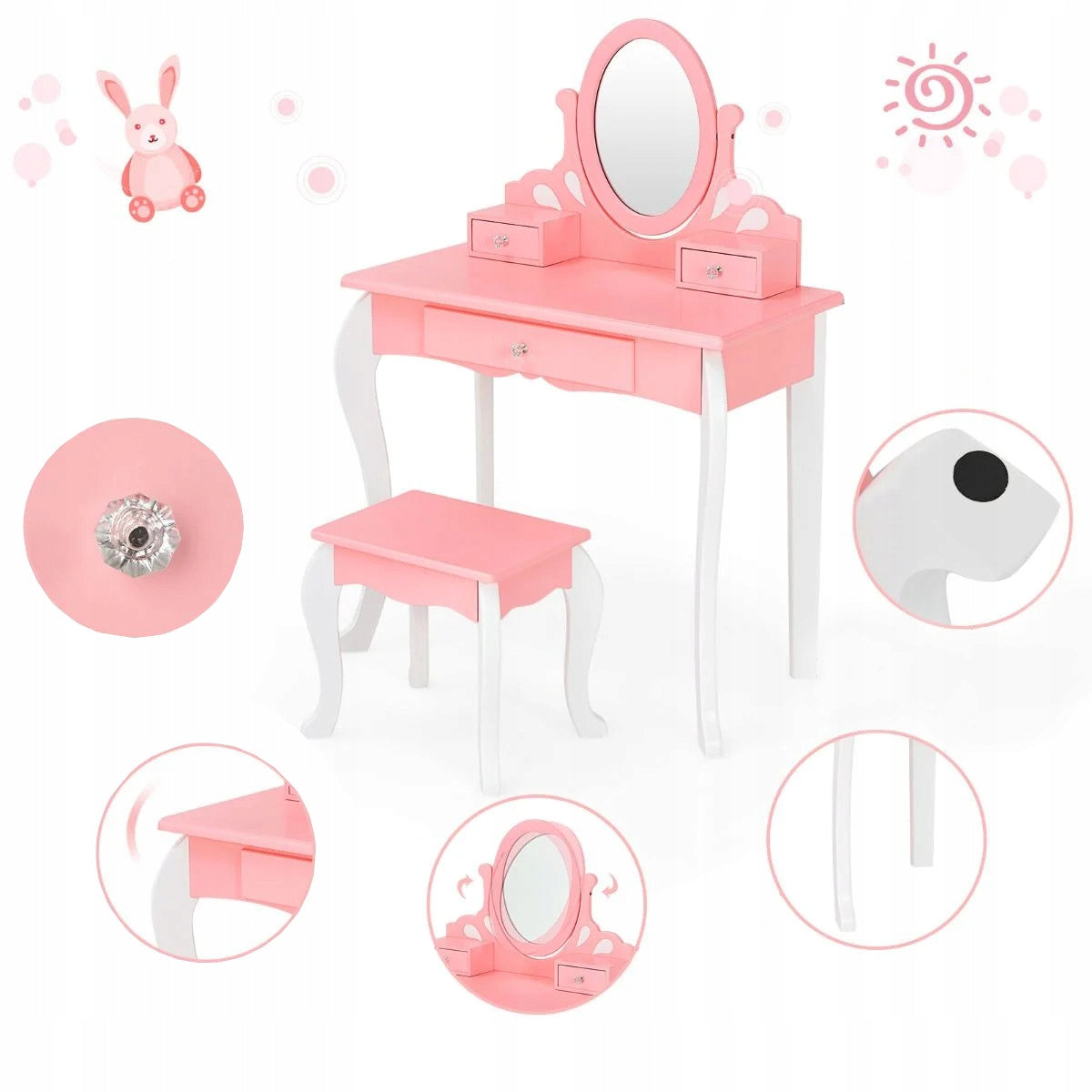 Children's dressing table with mirror and 360° stool Color pink