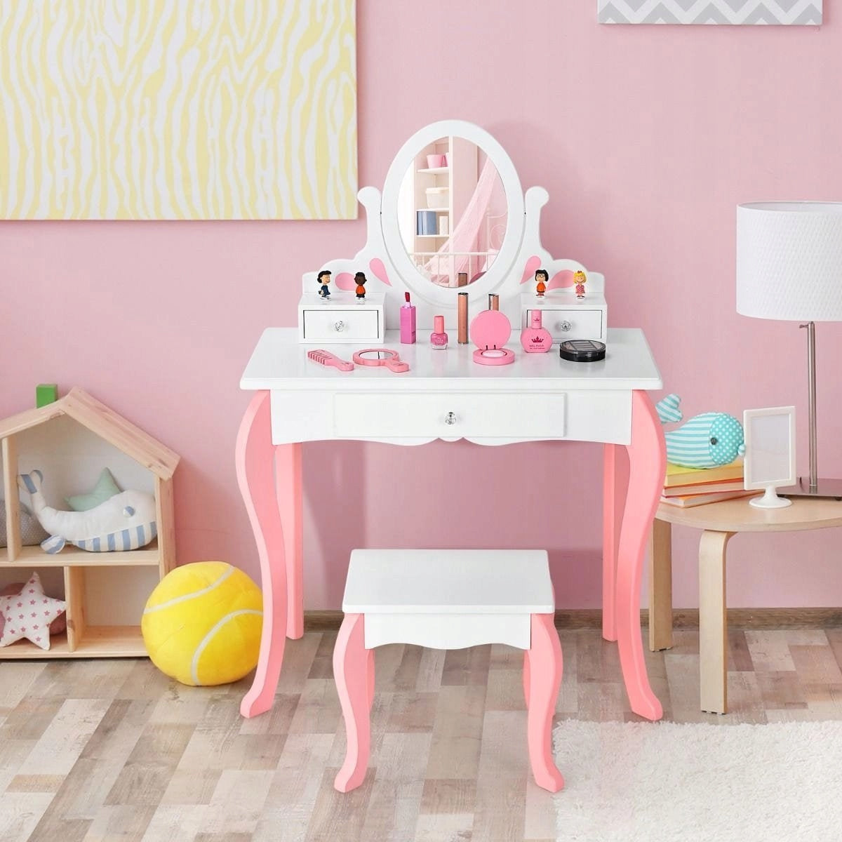 Children's dressing table with mirror and 360° stool Color white