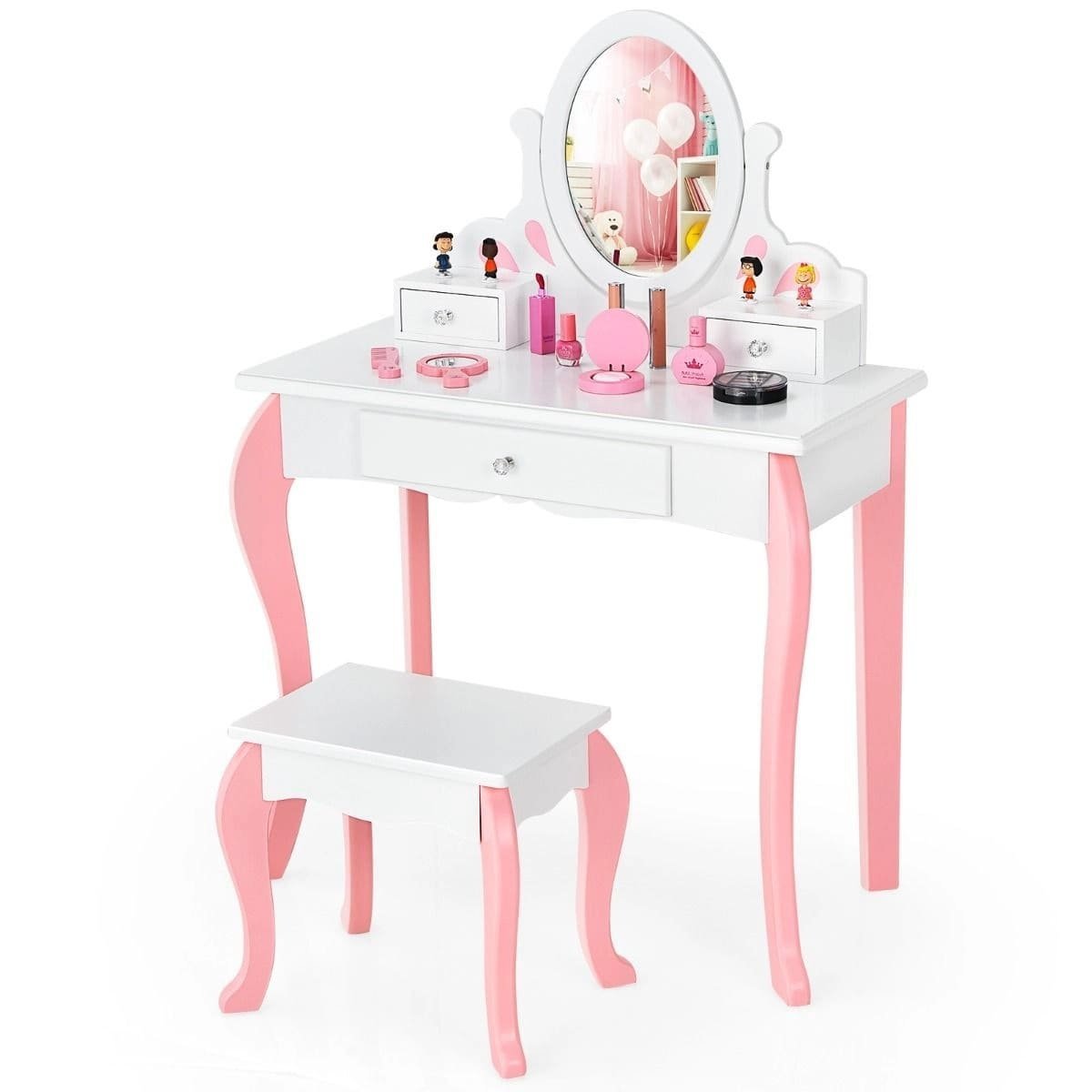 Children's dressing table with mirror and 360° stool