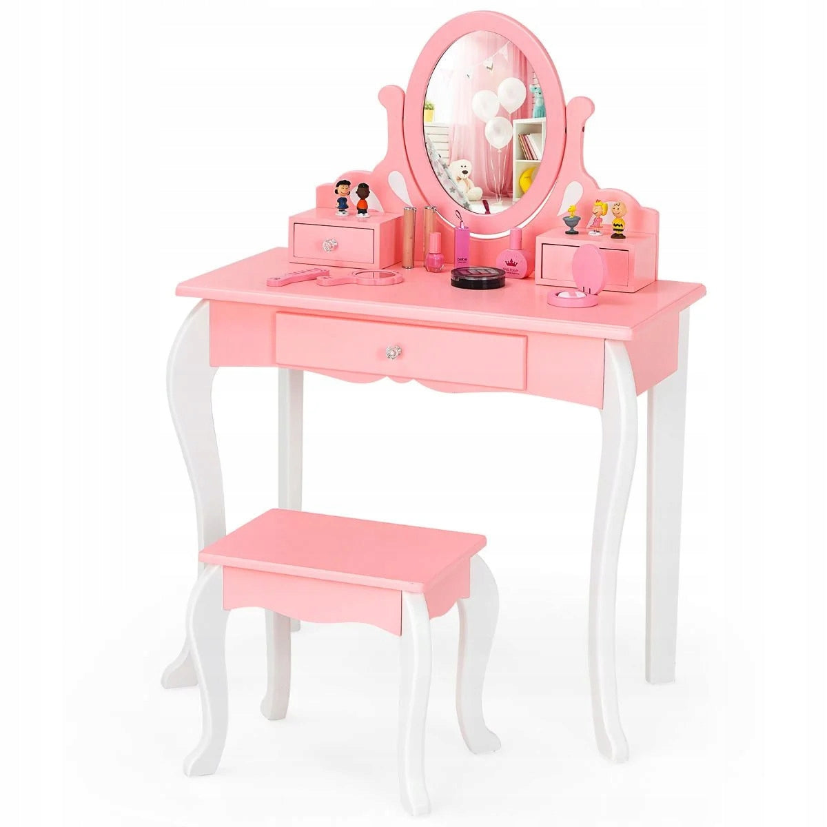 Children's dressing table with mirror and 360° stool