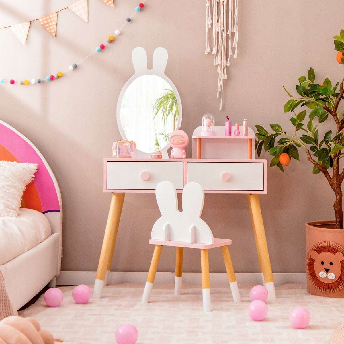 Children's dressing table with separate mirror and stool Brand Costway