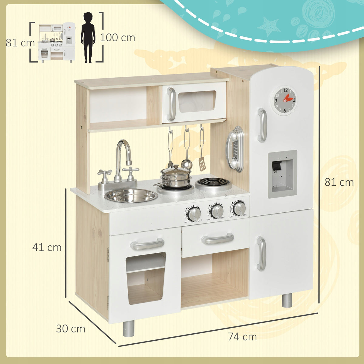 Children's kitchen with accessories, wooden toy kitchen, white, Brand Homcom