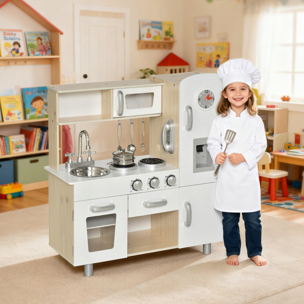 Children's kitchen with accessories, wooden toy kitchen, white, Packaging status original