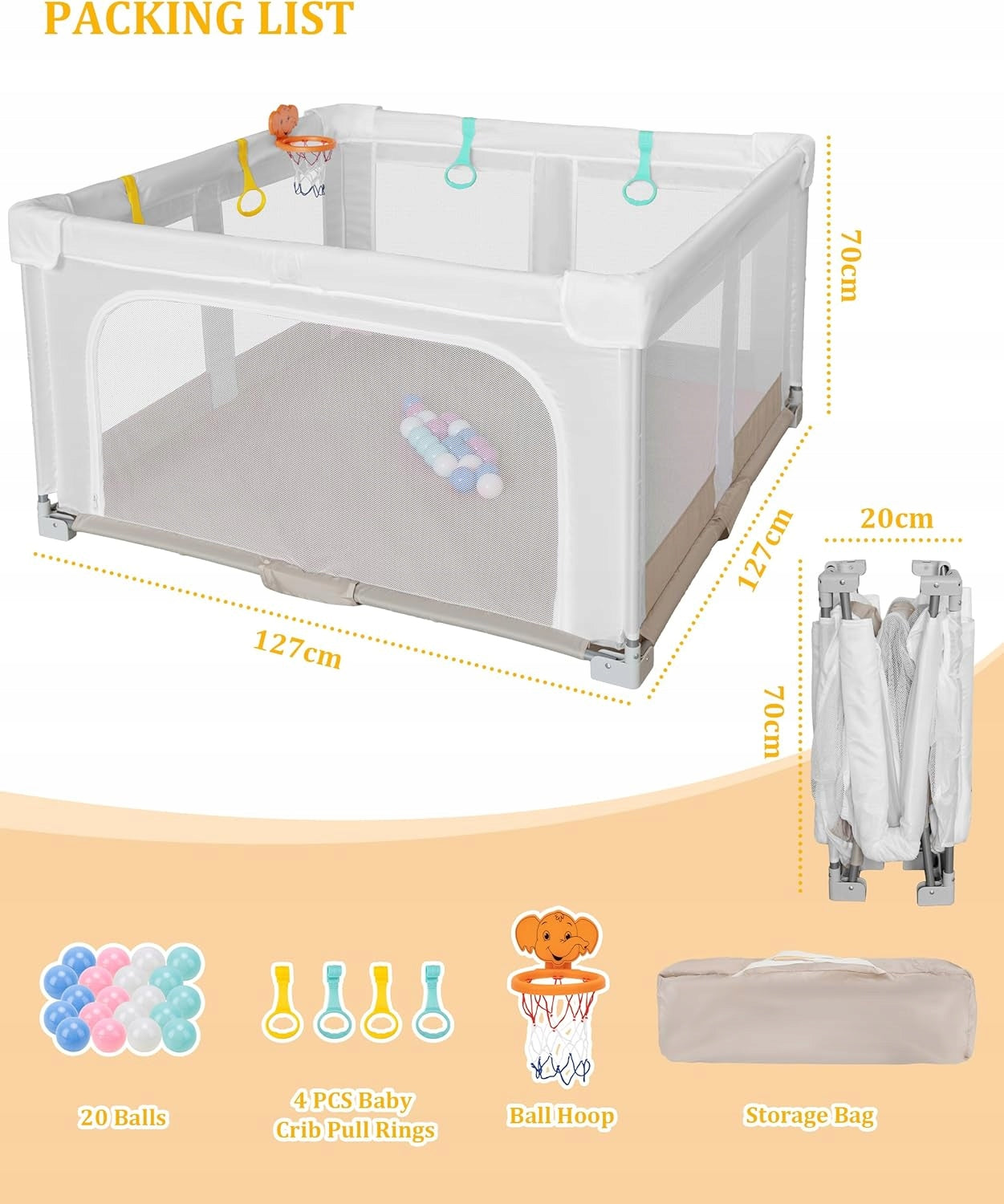 Children's playpen folding 127x127x70 cm square toys + balls basket bag