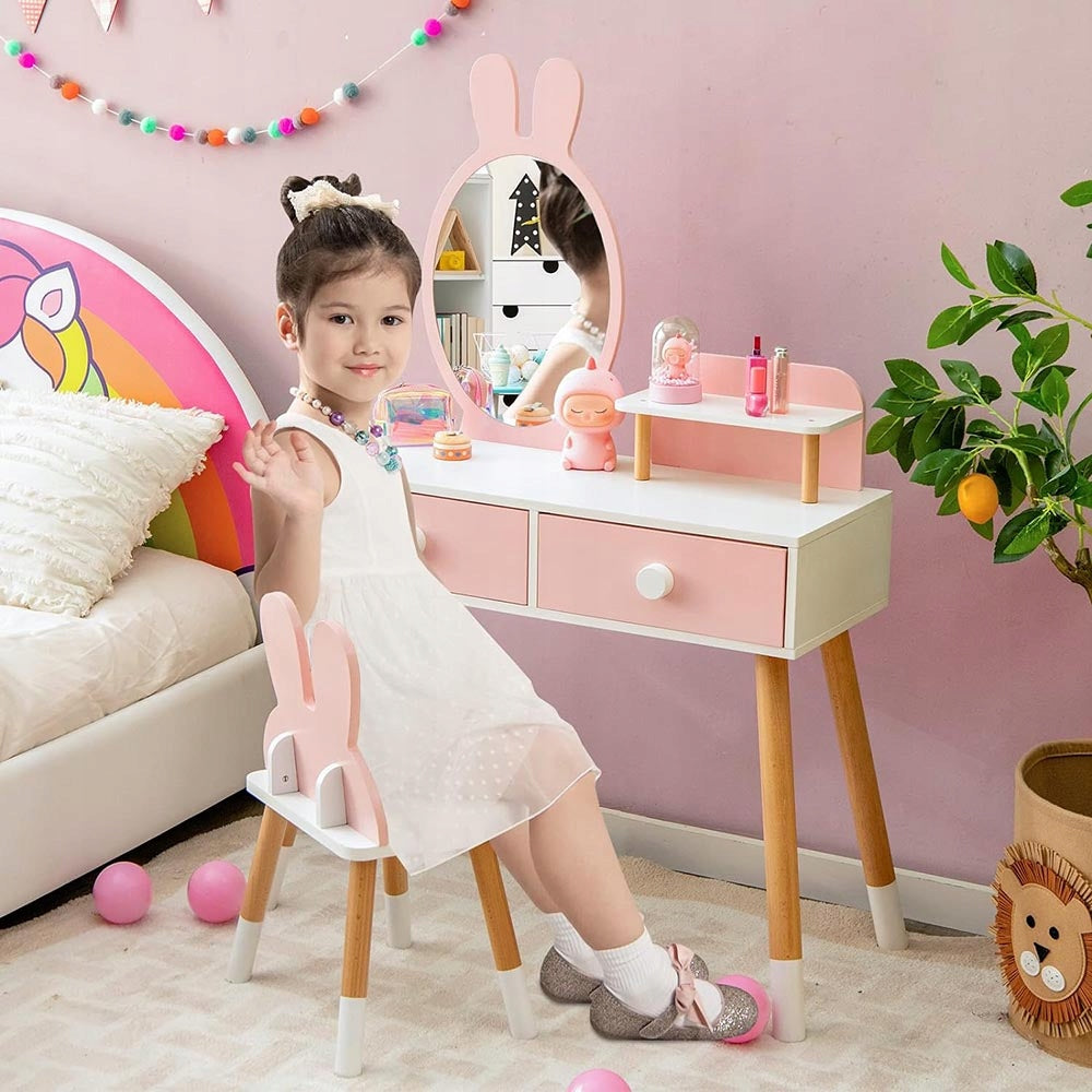 Children's toy dressing table rabbit with mirror chair wood white and pink Brand Timeless Tools