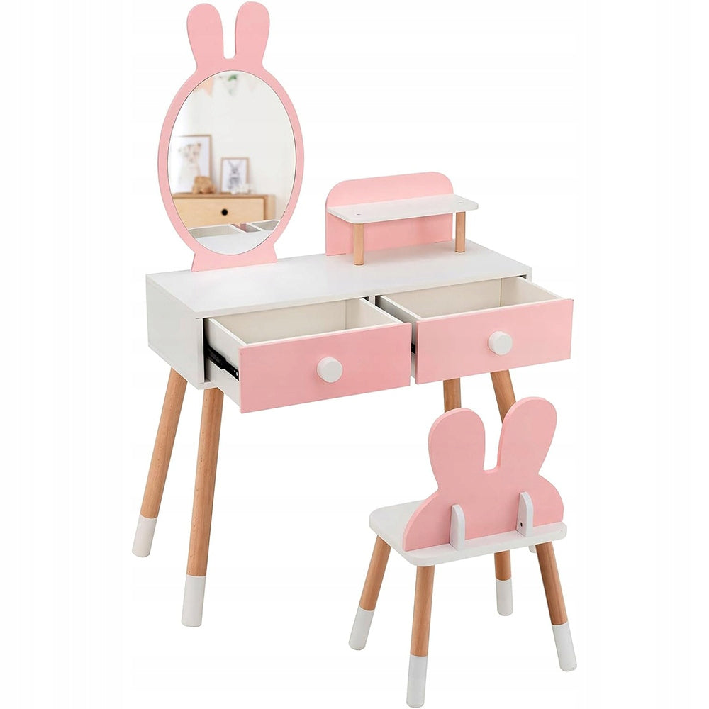 Children's toy dressing table rabbit with mirror chair wood white and pink