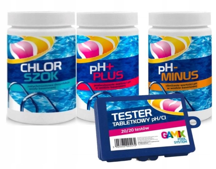 Chlorine Shock + pH Plus Minus + Tester Set Pool Chemistry 4in1 Manufacturer code CHLOR SZOK PH MINUS PH PLUS TESTER TABLETKOWY