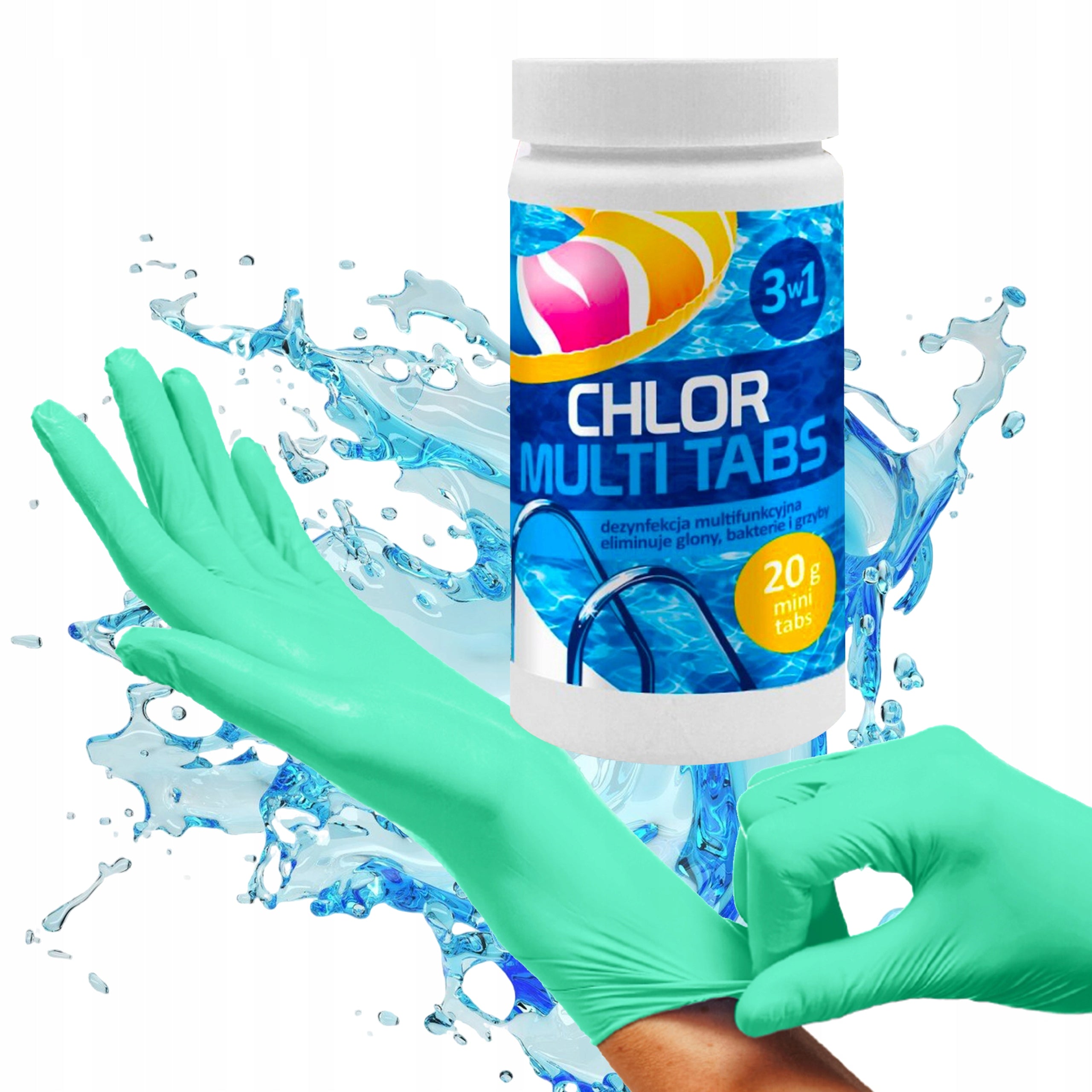 Chlorine for swimming pool multi tablets GAMIX 3in1 spa chemistry 1kg 50x 20g +GLOVES Packaging status original