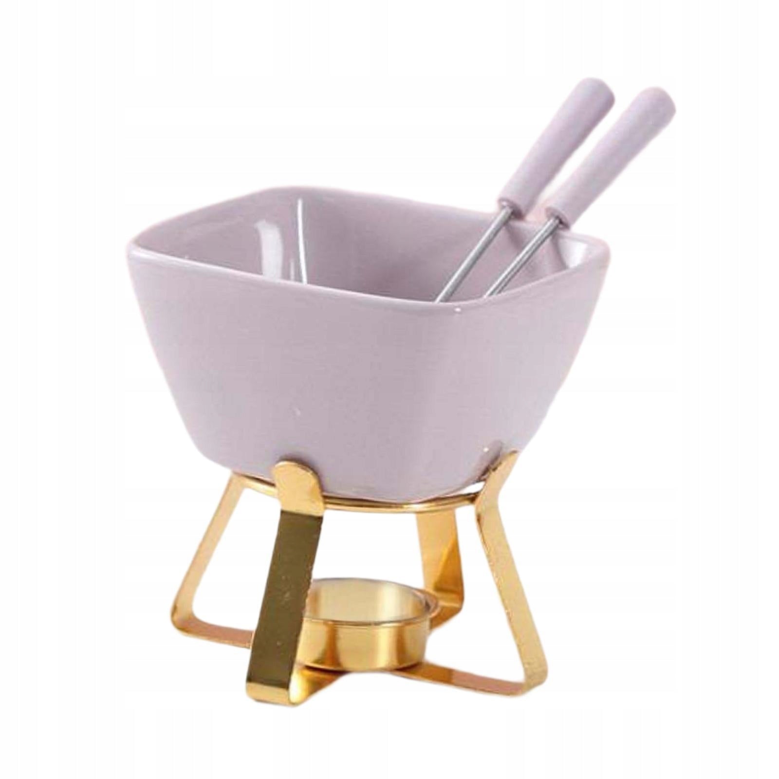 Chocolate Fondue Pot Wax Melt Pot Ceramic Fondue Cup Purple w Gold Rack Packaging status original