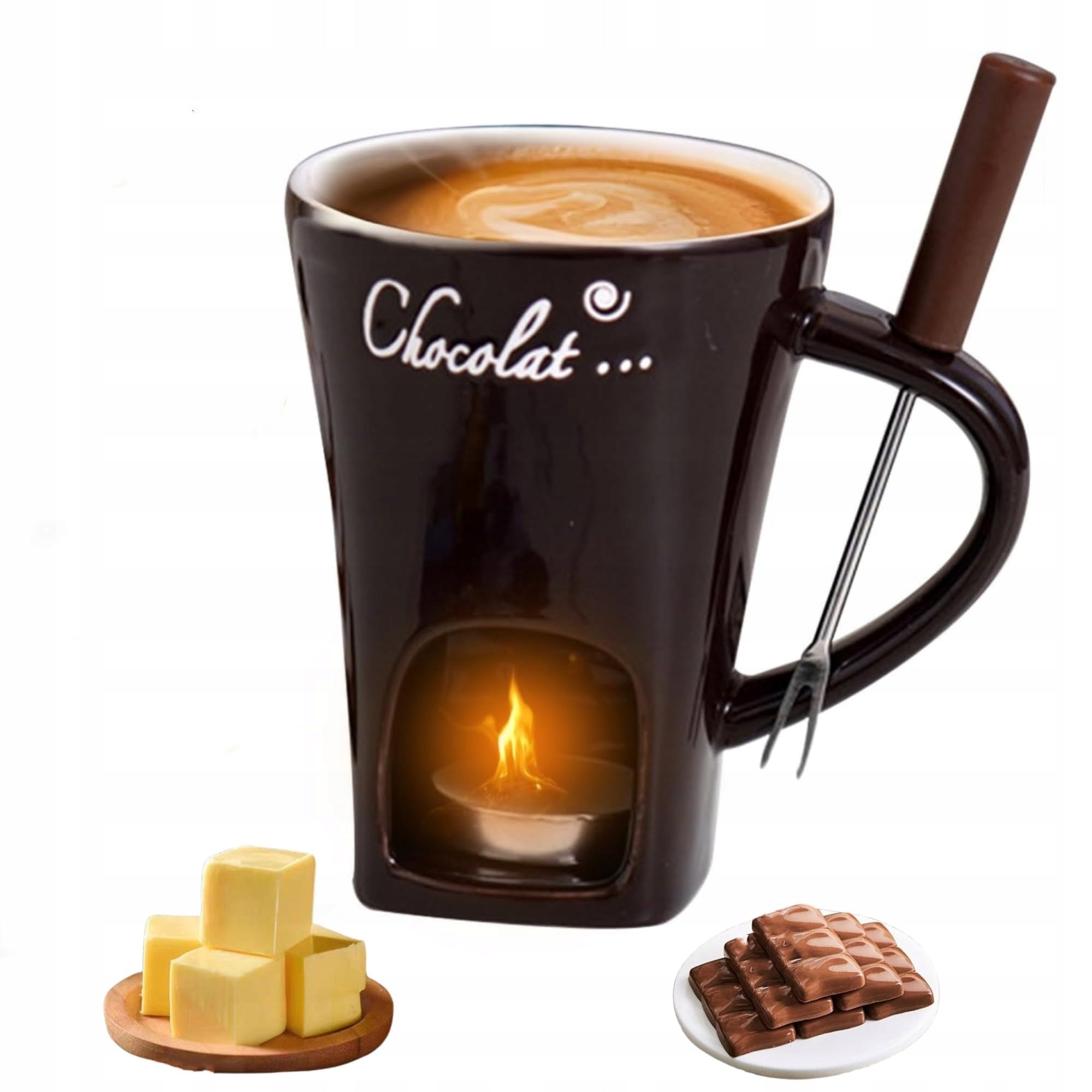 Chocolate melting cup 130 ml – Ceramics, fondue, set with fork
