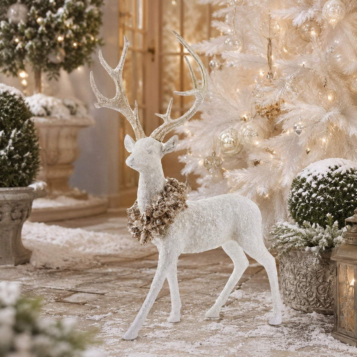 Christmas Figurine Deer Standing White and Gold Decoration Reindeer Ornament Manufacturer code 147807
