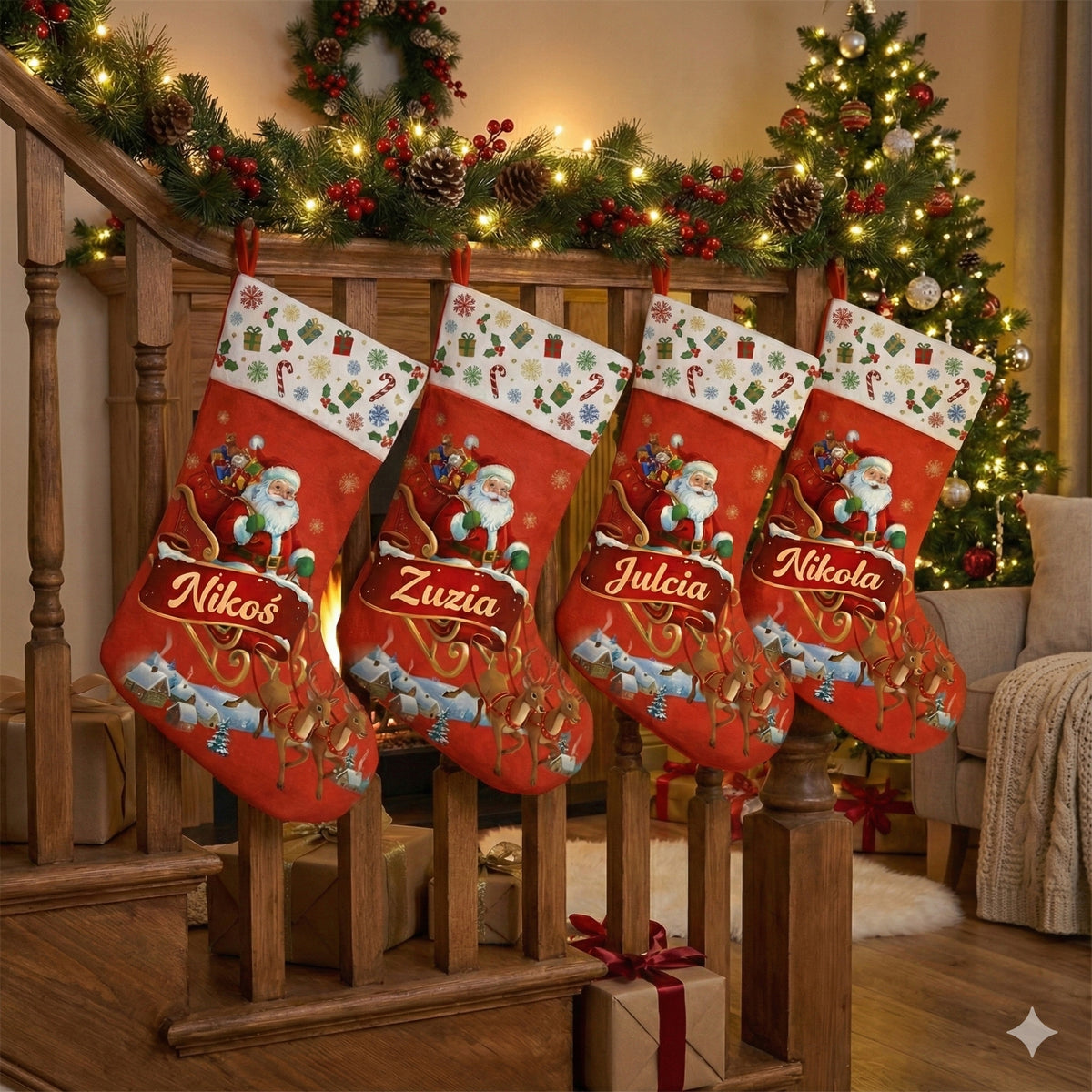 Christmas Fireplace Socks with Name for Gifts Name Santa's Sleigh Brand no brand