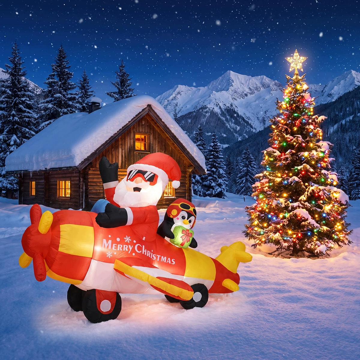 Christmas Inflatable Santa on Airplane with Penguins, LED Lighted Brand no brand