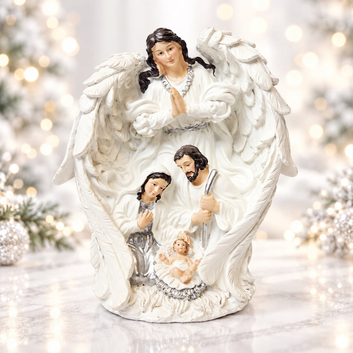 Christmas Nativity Scene with Angel Holy Family Figurine White and Silver 19cm Manufacturer code Szopka Bożonarodzeniowa