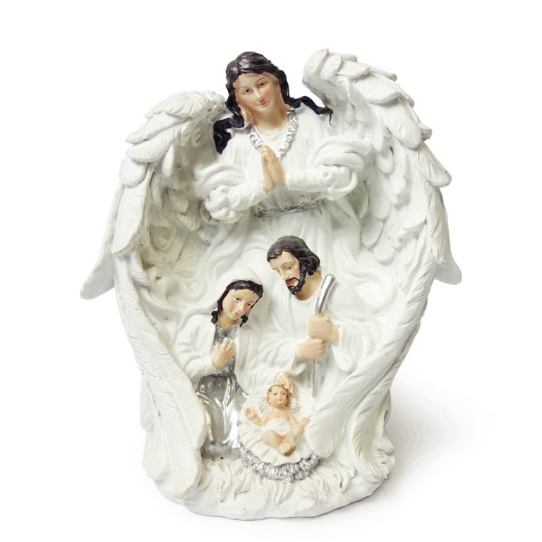 Christmas Nativity Scene with Angel Holy Family Figurine White and Silver 19cm