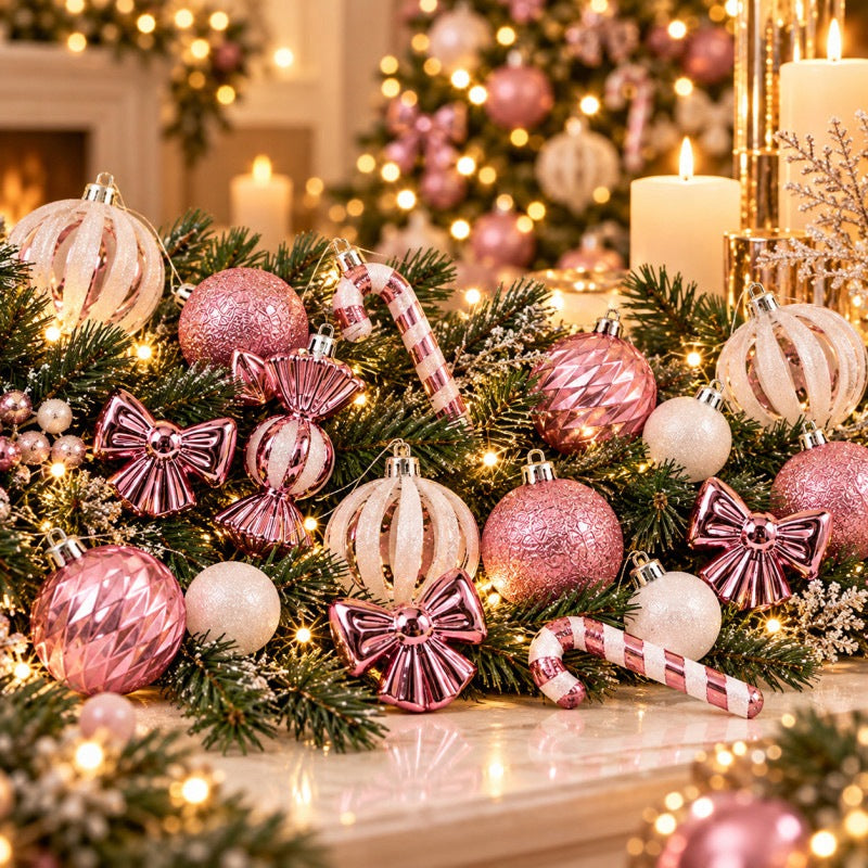Christmas Tree Baubles Pink White 31 Elements 3-11 cm Ornaments For Christmas Tree Mix Brand Fill