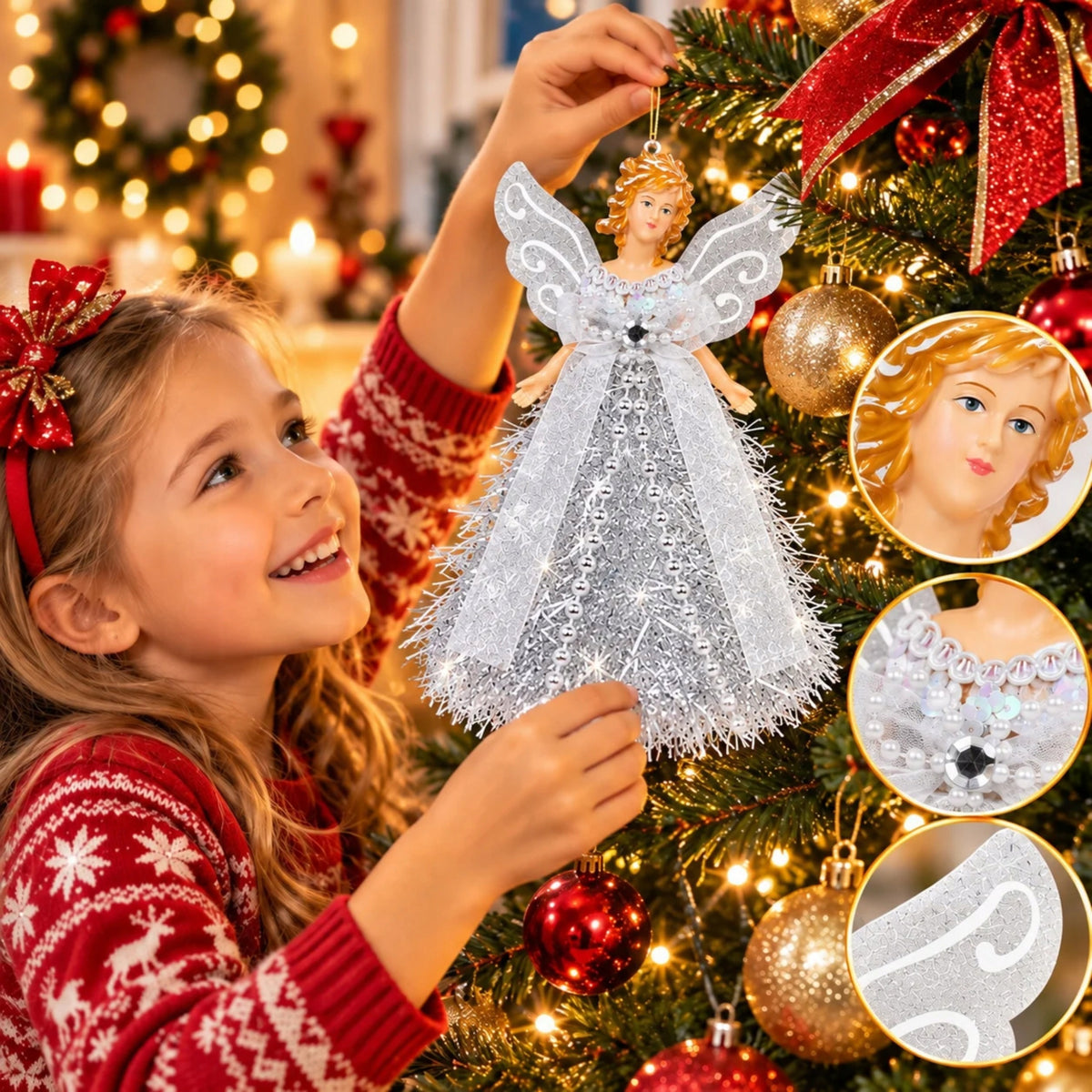 Christmas Tree Ornaments Angel For Christmas Tree Silver Angel Pendant Top 20,5 cm Manufacturer code Anioł choinkowy biały dekoracja świąteczna