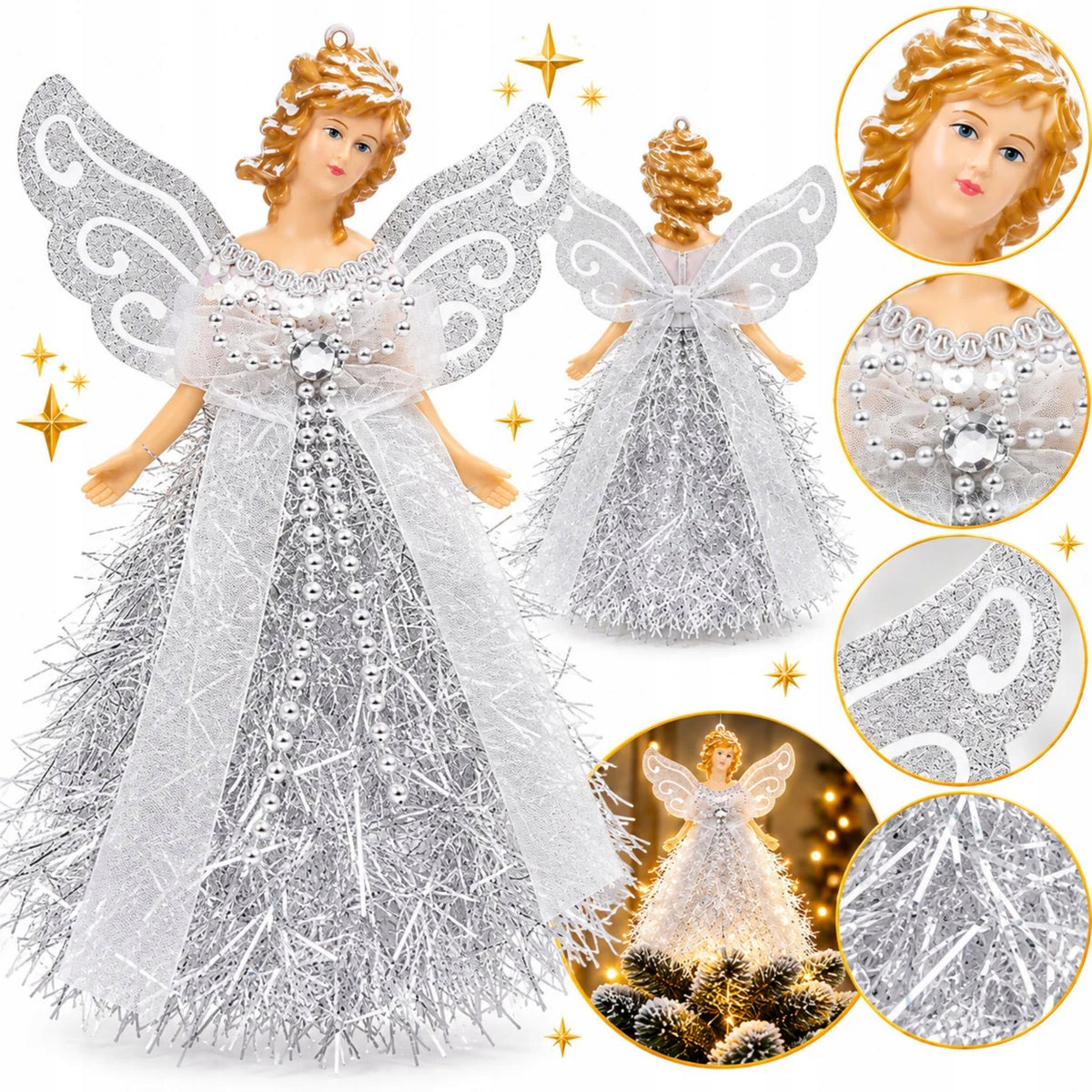 Christmas Tree Ornaments Angel For Christmas Tree Silver Angel Pendant Top 20,5 cm
