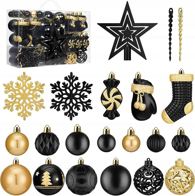 Christmas balls 128 pcs black and gold unbreakable set SOLEDI