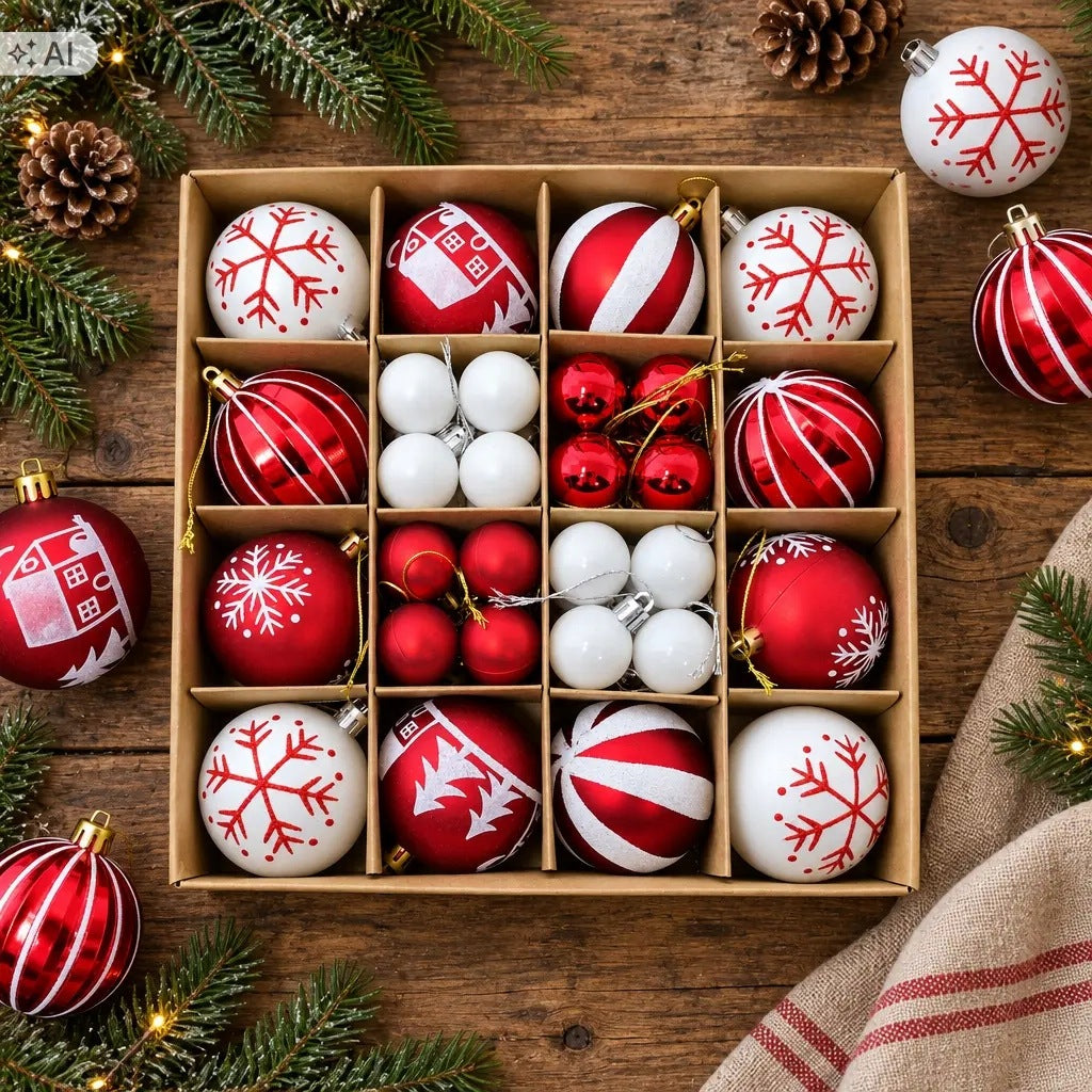 Christmas balls 3,5cm/6cm 44pcs red and white unbreakable ornaments Packaging status original