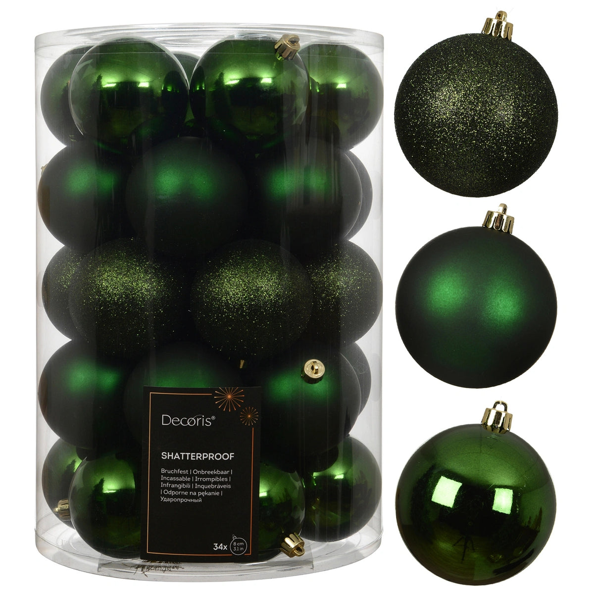 Christmas balls glass dark green 8 cm 34 pcs. mix gloss matt glitter