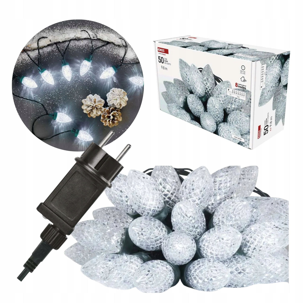 Christmas chain LED cones 9,8m cool cold white, programs EMOS